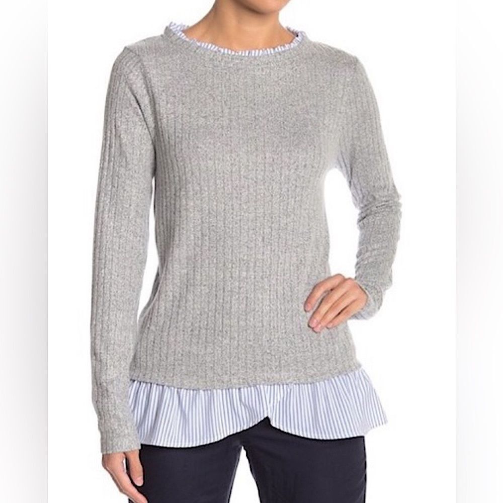 Olivia Sky Layered Look Ruffle Neck Gray Sweater Blue Stripes Women’s Size XS